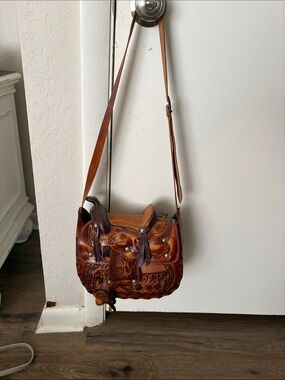 Hand Crafted Brown Tooled Leather Saddle Crossbody Bag